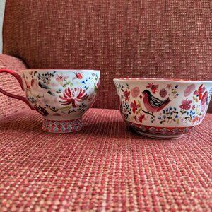 Anthropologie August Wren Jennifer Lewis Red Wing And Petal Bowl & Mug Bird Set